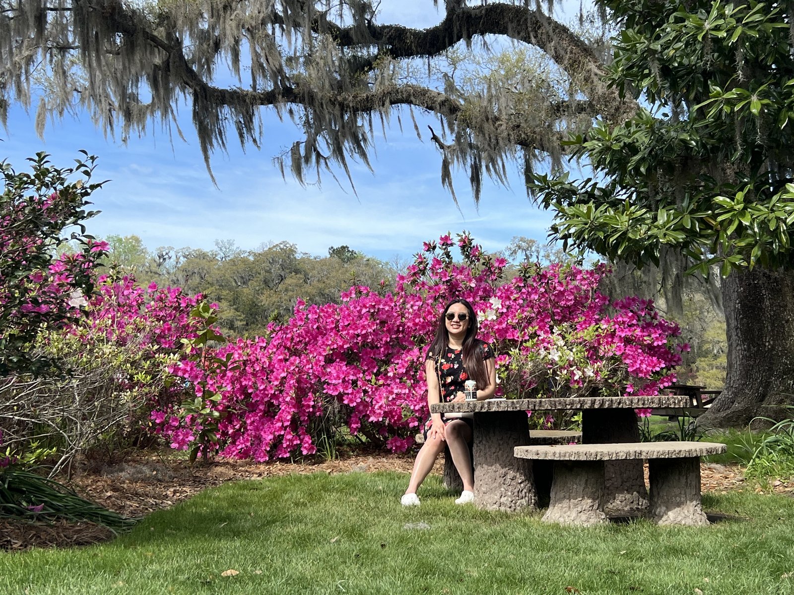 Diem under a moss-draped oak, the azaleas in full bloom.