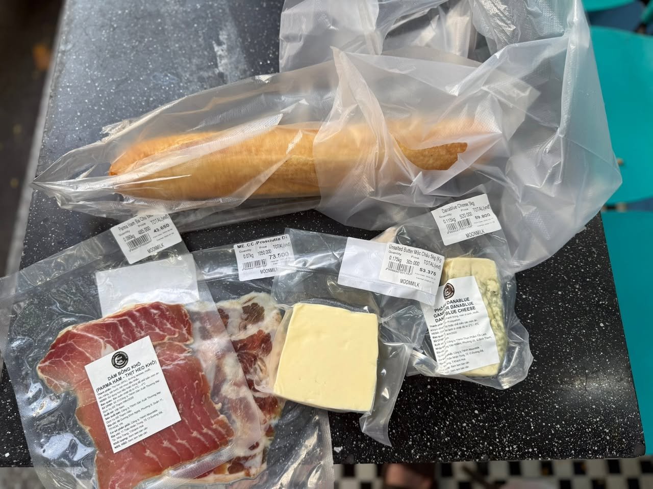 Baguette, ham, and bleu cheese. Snack time.