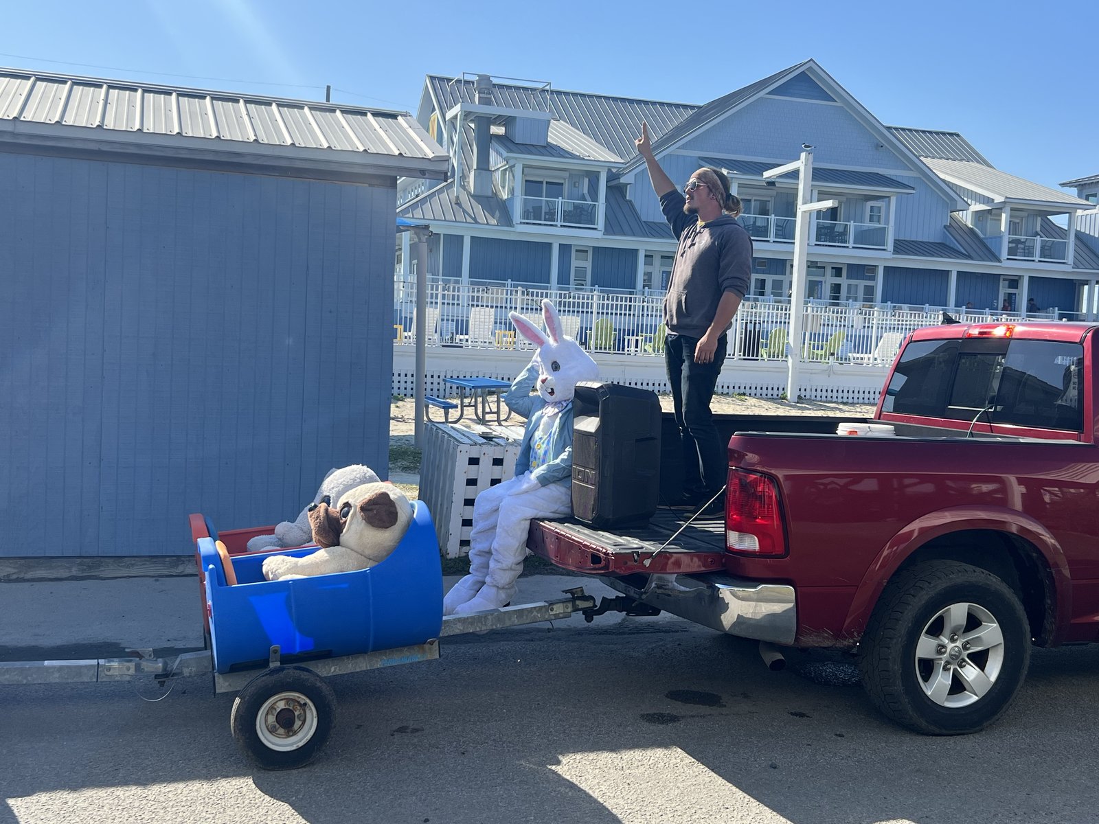 The Easter Bunny rides the barrel train.