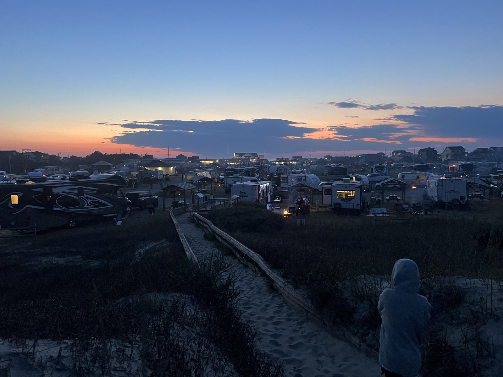 The campground from the dune walkover, at dusk.
