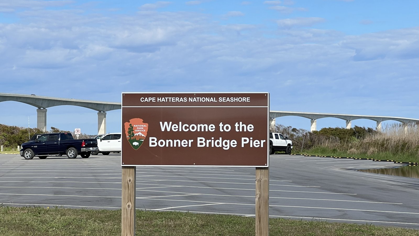 The Bonner Bridge Pier, with the new bridge behind it.