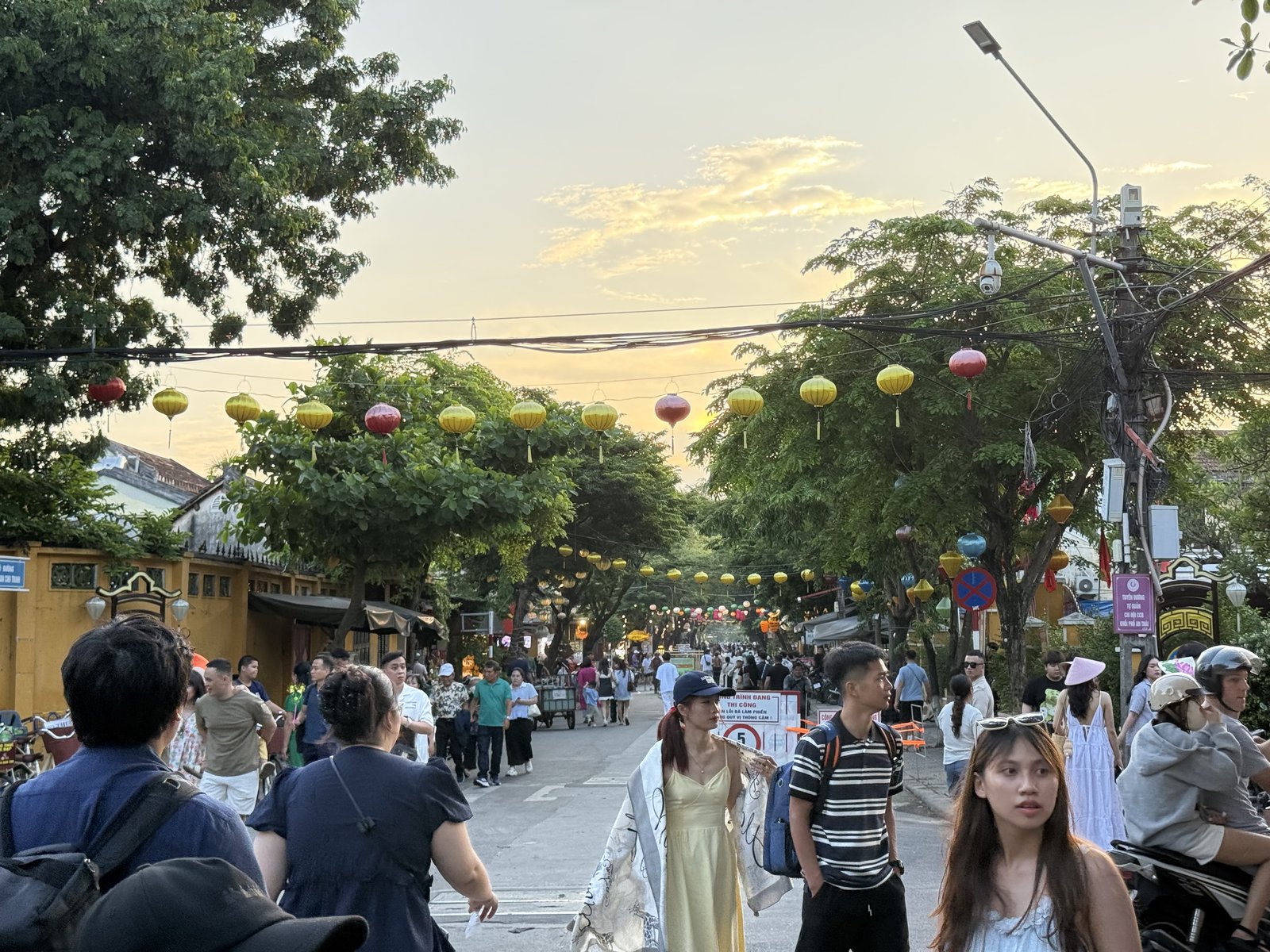 The old town at dusk, the lanterns already up in the trees.