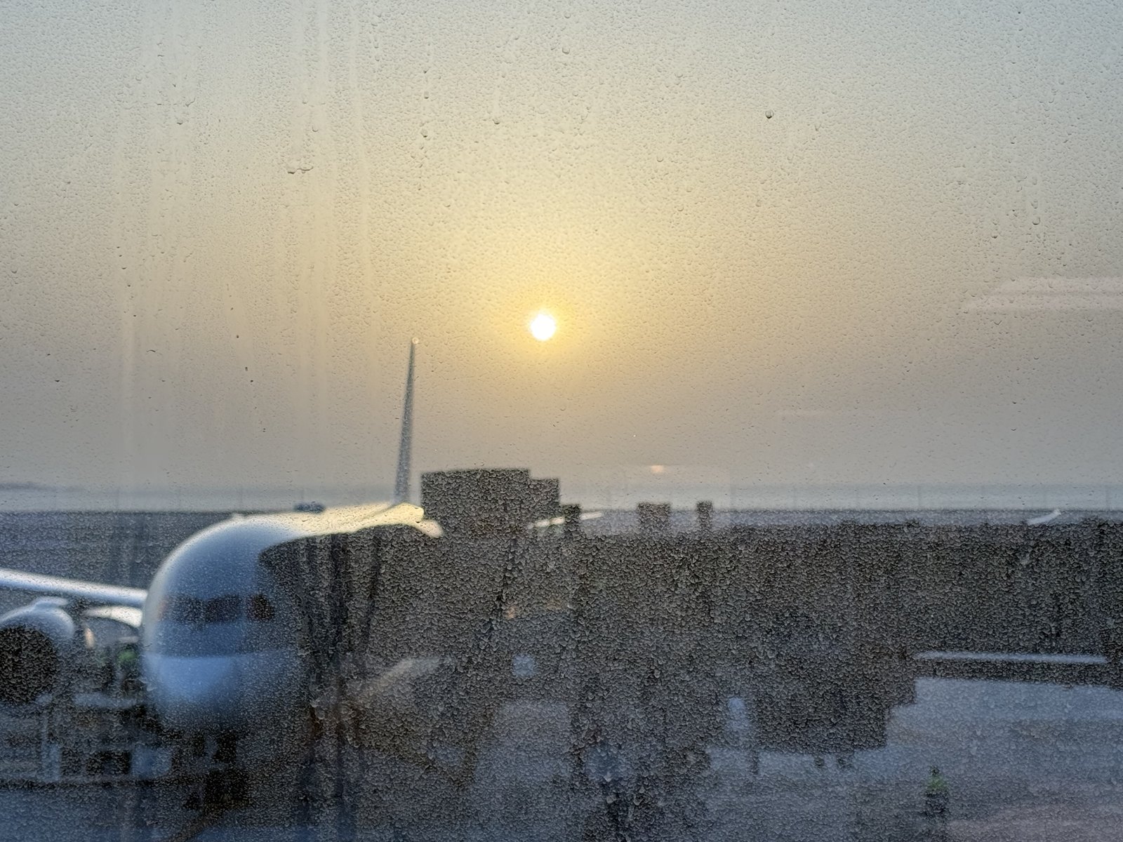 Sunrise over the gate at Hamad International, with the last leg still ahead.